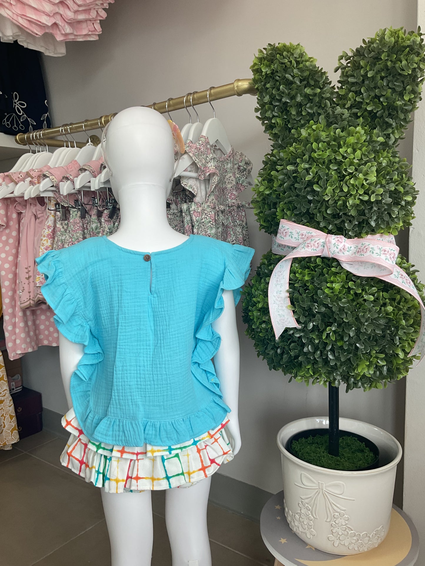 Cocote Conjunto Niña Blusa Turquesa y Falda Multicolor