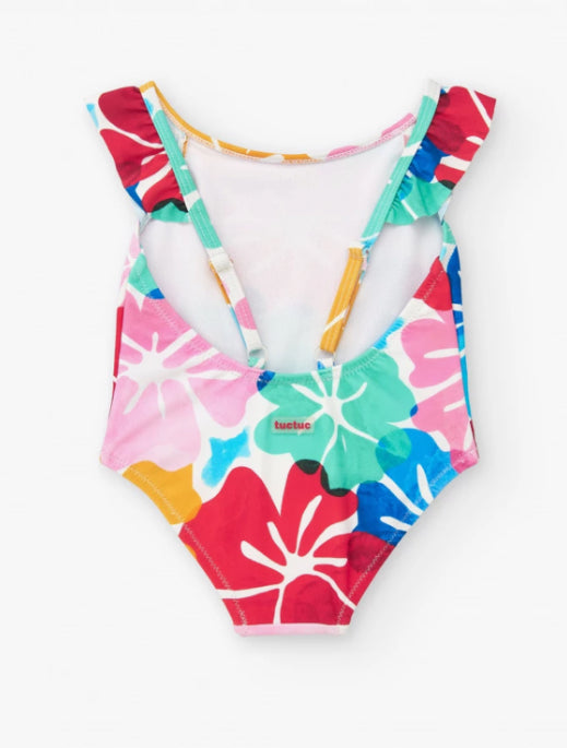 Tuc Tuc Bañador para niña en blanco con estampado floral y volantes. Colección: Beach Squad