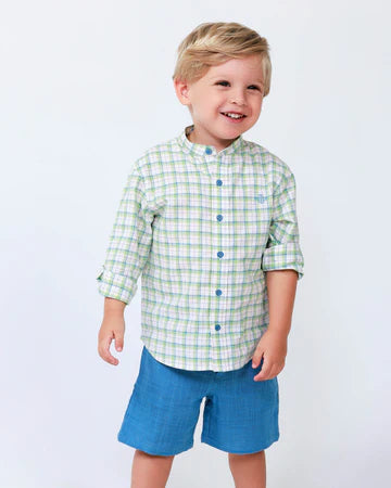 TUTTO PICCOLO CONJUNTO CAMISA CUADROS AGUAMARINA BERMUDA AZUL ATLÁNTICO