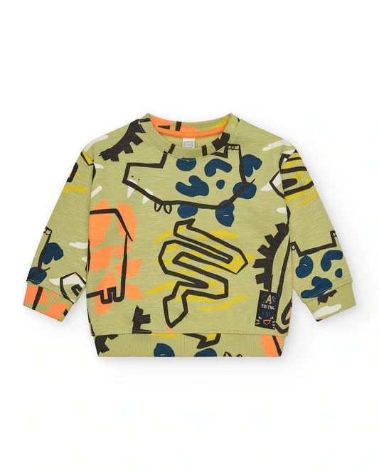 Tuc Tuc Conjunto Sudadera y Bermudas caqui para niño con estampado de animales y detalles en color