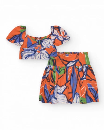 TucTuc NK Conjunto de camisa corta y falda para niña en naranja y azul con estampado floral