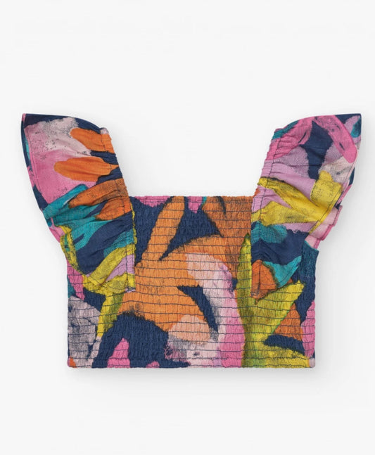 TucTuc NK Sun  Lover Conjunto Blusa para niña multicolor con tirantes anchos y ajuste nido de abeja y Falda multicolor con cintura elástica fruncida