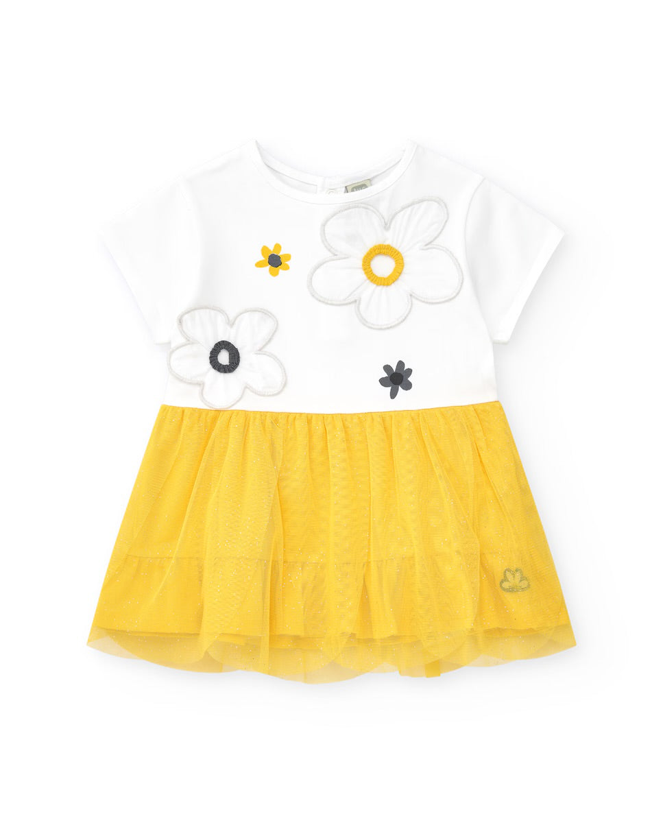 Tuc Tuc Vestido para niña en blanco y amarillo con flores y falda de tul. Colección: Hey Buddies