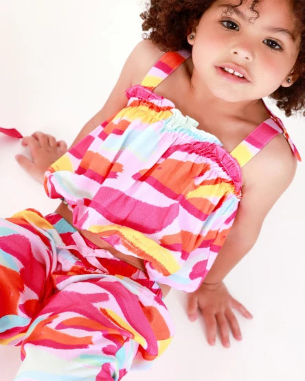 Tuc Tuc Conjunto Top y Pantalón rosa para niña con estampado multicolor y lazos en los tirantes
