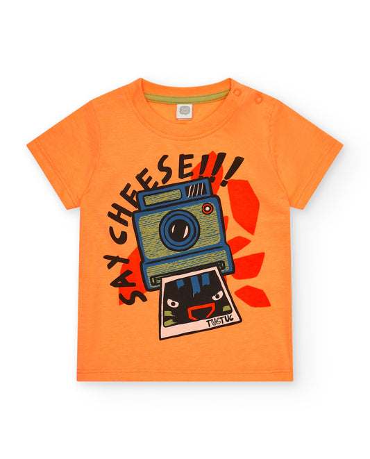 Tuc Tuc Conjunto Niño Camiseta naranja con estampado de cámara y texto Bermuda verde de sarga con bolsillos cargo y cordón ajustable