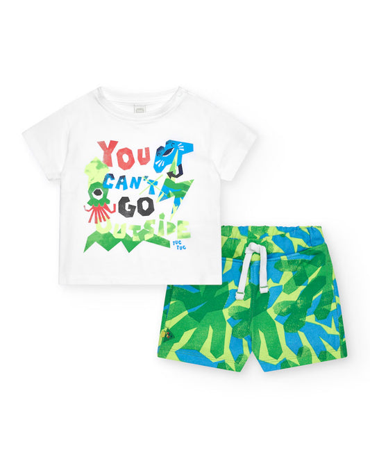TucTuc  Conjunto para niño con camiseta blanca y bermuda tropical. Colección: Color The Sea