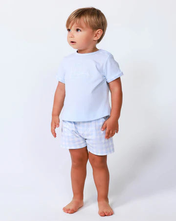 TUTTO PICCOLO CONJUNTO CAMISETA Y BERMUDAS PUNTO COCHE AZUL CIELO BEBÉ