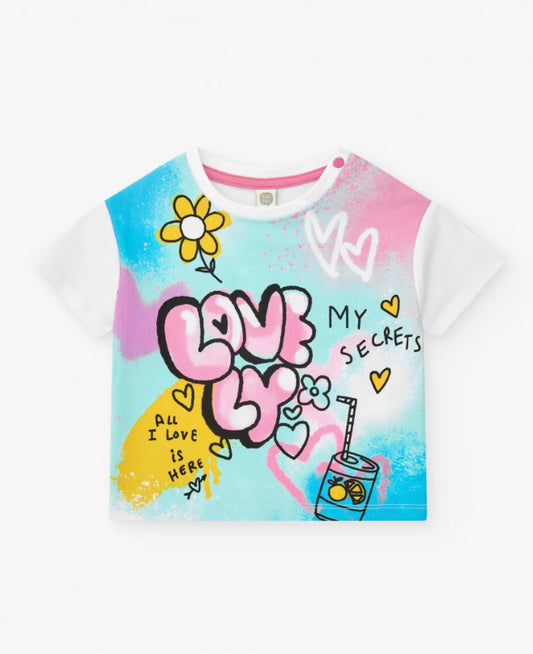 Tuc Tuc Camiseta para niña en blanco con flores Short en negro con lazo rosa y bordado de arcoíris