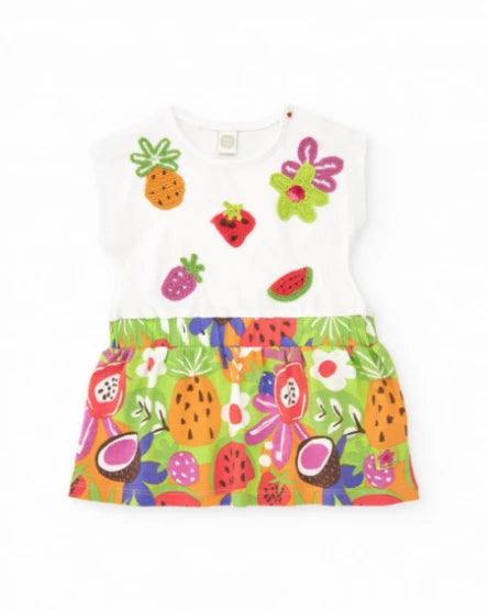 Tuc Tuc Vestido para niña con top blanco bordado y falda de frutas tropicales