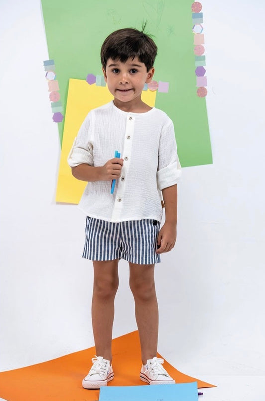 Cocote Baby & Kids Conjunto Camisa Crudo Y Pantalón Corto Rayas Marino