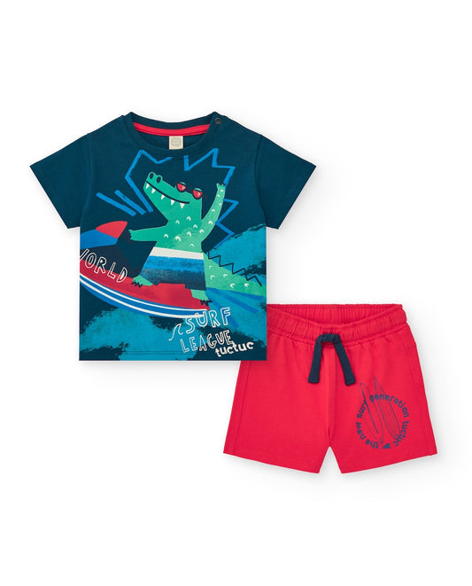 TucTuc Conjunto para niño con camiseta azul y bermuda roja con tablas de surf. Colección: Beach Squad