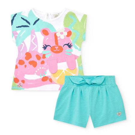 Tuc Tuc Conjunto Camiseta blanca para niña con estampado tropical y cierre trasero Pantalón corto azul para niña con cintura elástica y lazo. Colección: Sunrise Is A Lemon