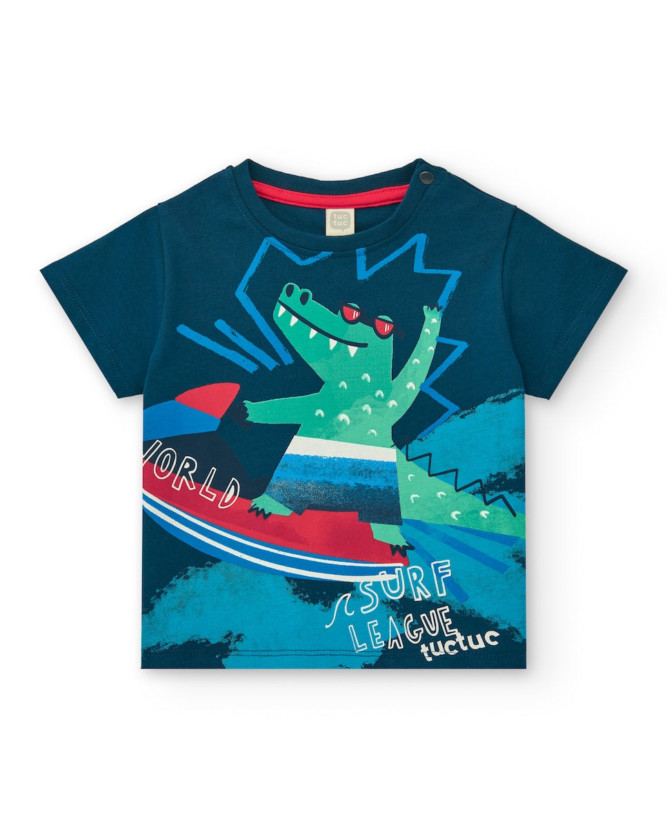 TucTuc Conjunto para niño con camiseta azul y bermuda roja con tablas de surf. Colección: Beach Squad