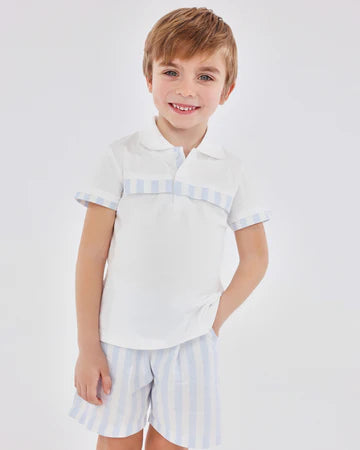 TUTTO PICCOLO CONJUNTO POLO Y BERMUDAS PUNTO Y FIL A FIL RAYAS AZUL CIELO BEBÉ