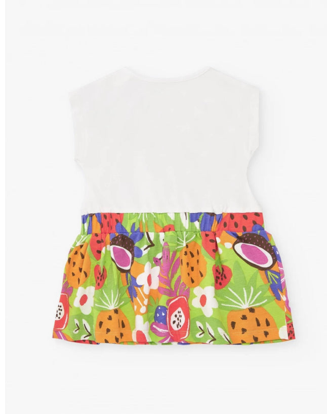 Tuc Tuc Vestido para niña con top blanco bordado y falda de frutas tropicales