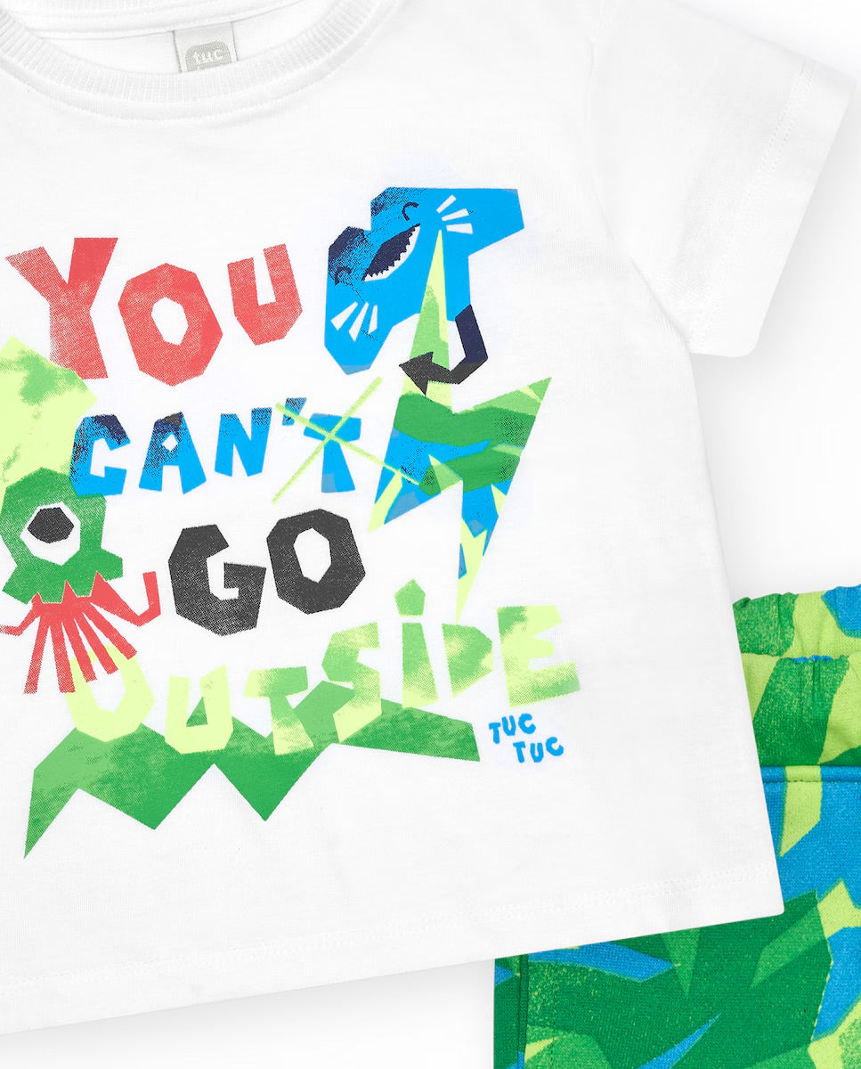 TucTuc  Conjunto para niño con camiseta blanca y bermuda tropical. Colección: Color The Sea