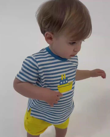 TUTTO PICCOLO CONJUNTO CAMISETA Y BERMUDAS PUNTO RAYAS AZUL ATLÁNTICO BEBÉ