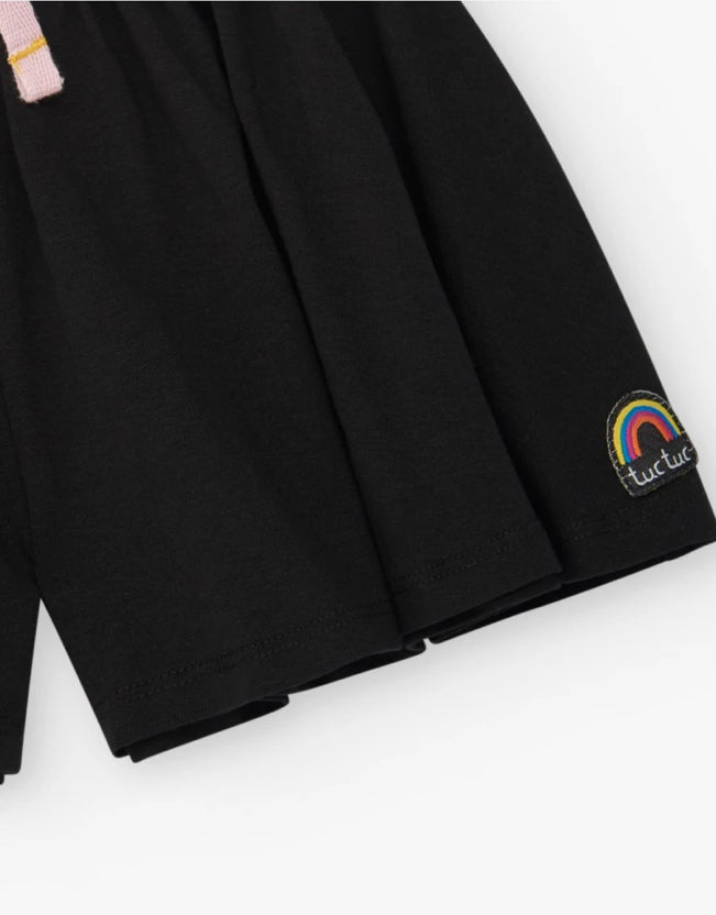 Tuc Tuc Camiseta para niña en blanco con flores Short en negro con lazo rosa y bordado de arcoíris