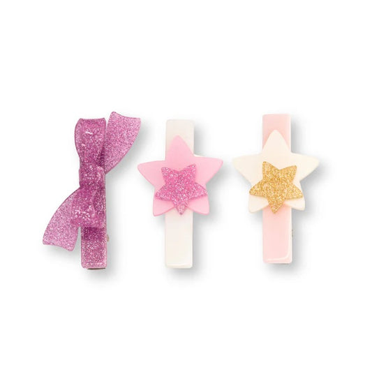 Lilies & Roses Stars Pink Pearl Gold And Glitter Pink Bow Hair Clips