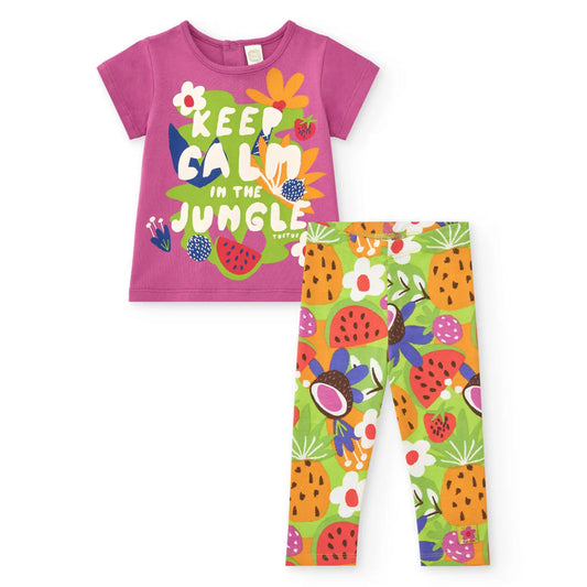 TucTuc Vacay Feelings Conjunto Camiseta Lila Para Niña Con Estampado Tropical, Mensaje Y Leggings  Verde Con Estampado De Frutas Tropicales