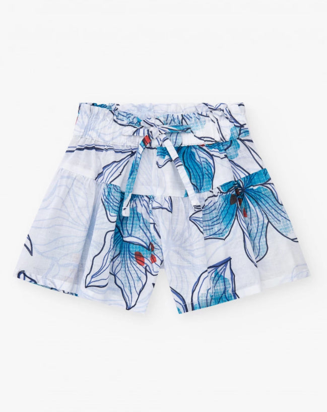 TucTuc NK Beyond The Beach Camiseta niña en azul cobalto con estampado floral lateral Short para niña en blanco con cintura elástica y lazo decorativo