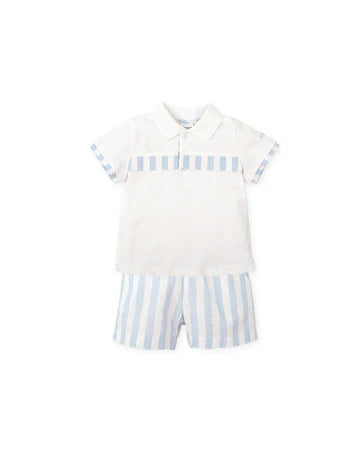 TUTTO PICCOLO CONJUNTO POLO Y BERMUDAS PUNTO Y FIL A FIL RAYAS AZUL CIELO BEBÉ