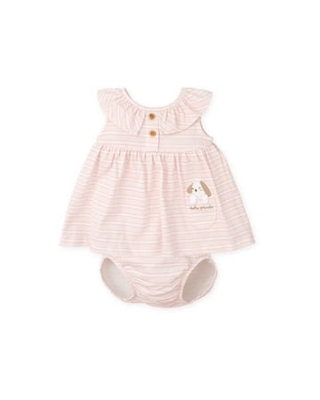 TUTTO PICCOLO VESTIDO CON BRAGUITA PUNTO RAYAS Y MASCOTA ROSA BEBÉ
