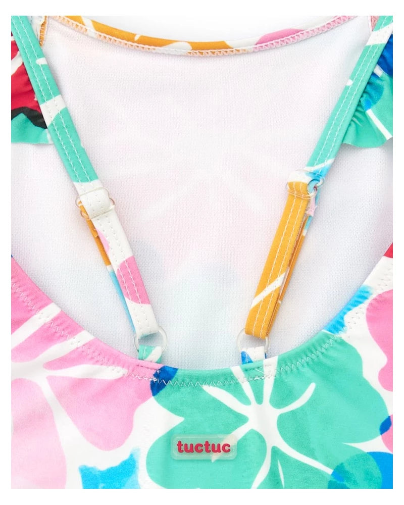 Tuc Tuc Bañador para niña en blanco con estampado floral y volantes. Colección: Beach Squad