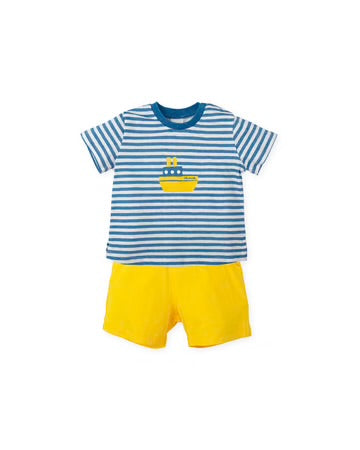 TUTTO PICCOLO CONJUNTO CAMISETA Y BERMUDAS PUNTO RAYAS AZUL ATLÁNTICO BEBÉ