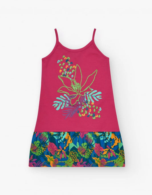 TucTuc NK Tropical Vibes Vestido para niña en rosa con estampado tropical y flor bordada