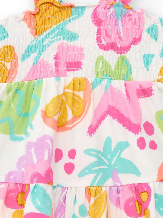TucTuc Sunrise is a Lemon  Vestido blanco para niña con estampado floral y tirantes fruncidos. Colección: Sunrise Is A Lemon