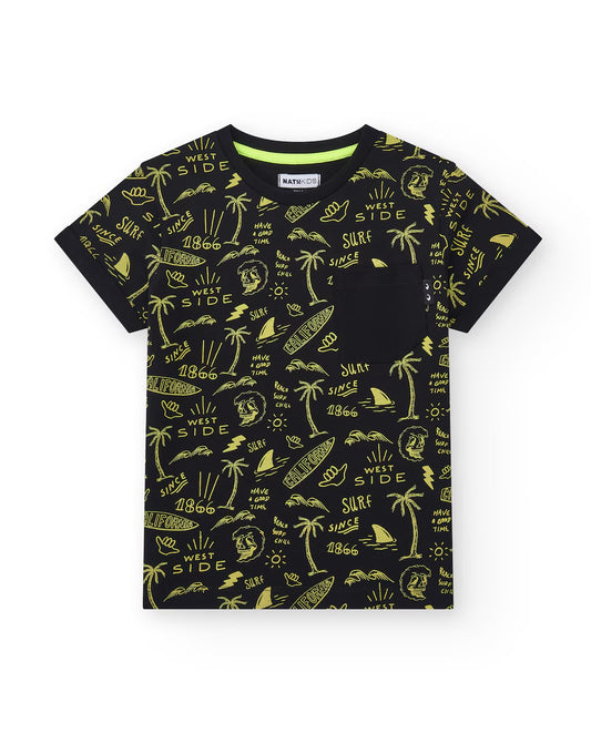 TUC TUC Conjunto Camiseta con Bolsillo Frontal y Bermudas para niño en negro  y estampado Playero