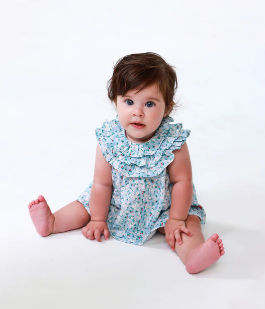 Tutto Piccolo Vestido Con Braguita Voile Flores Aguamarina Bebé
