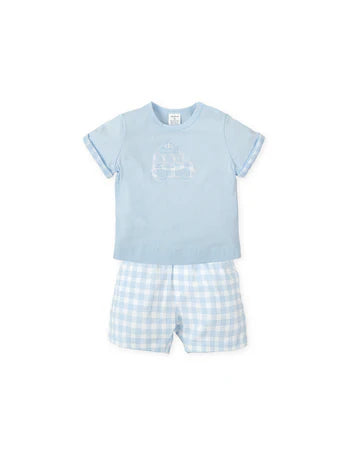 TUTTO PICCOLO CONJUNTO CAMISETA Y BERMUDAS PUNTO COCHE AZUL CIELO BEBÉ
