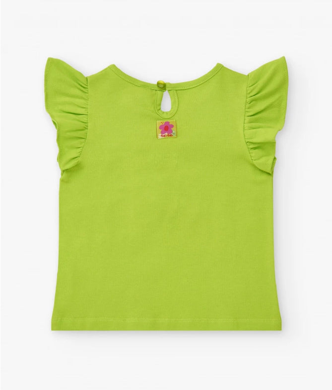 Tuc Tuc Conjunto Camiseta verde para niña con volantes y flor de crochet Falda blanca con detalles en crochet multicolor