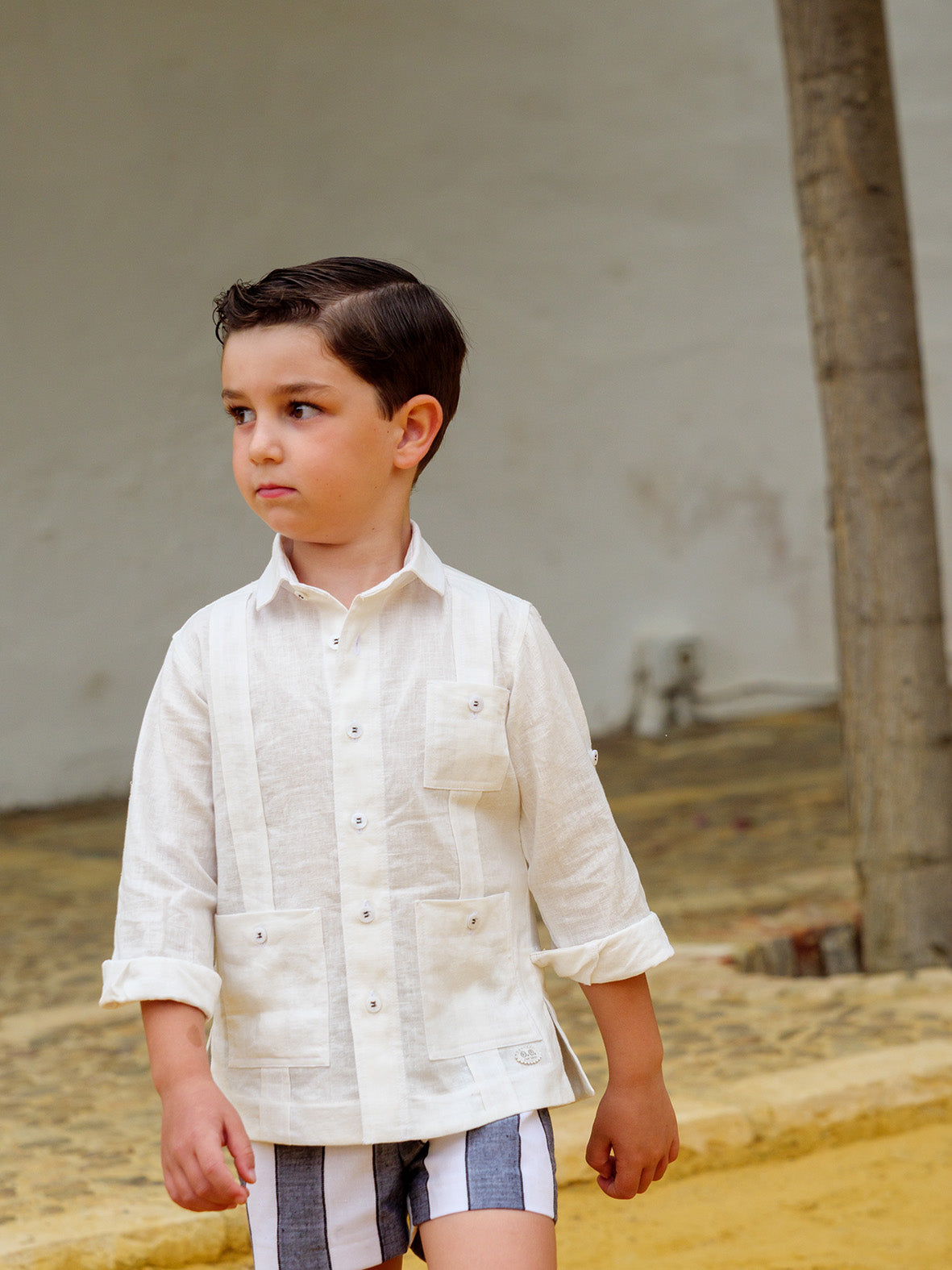 José Varón Conjunto Guayabera Pantalón Corto Rayas Gris oscuro