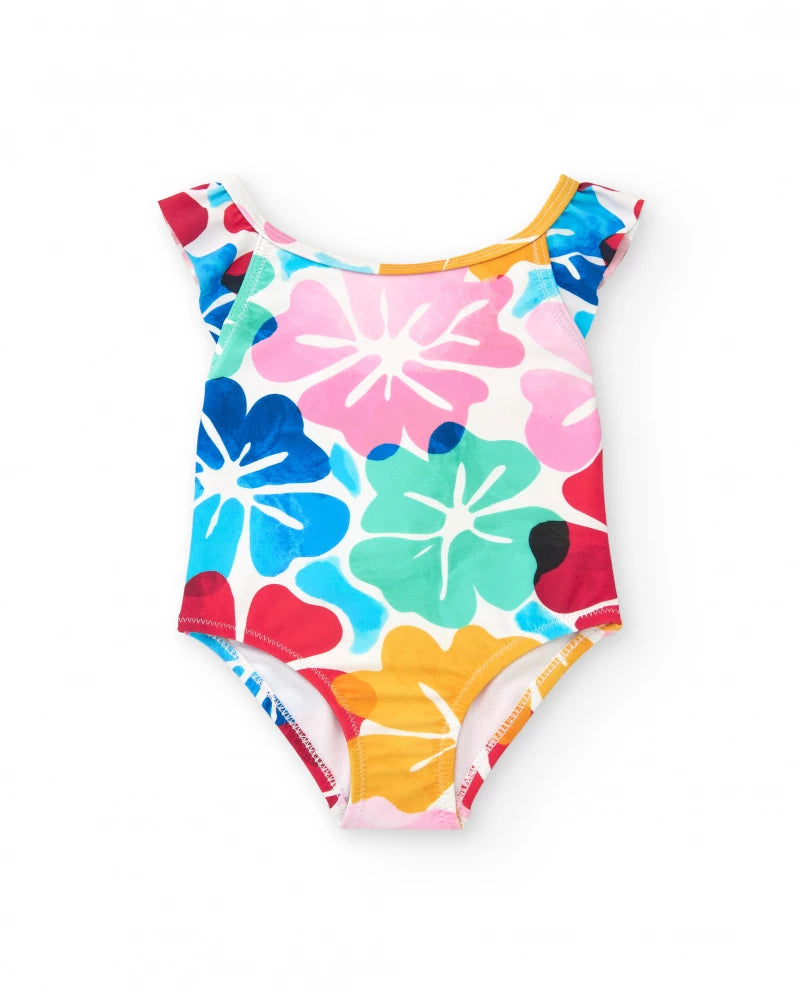 Tuc Tuc Bañador para niña en blanco con estampado floral y volantes. Colección: Beach Squad