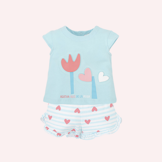 Agatha Ruiz De La Prada Aquamarine Tulips and Hearts Shorts 2 Piece Set