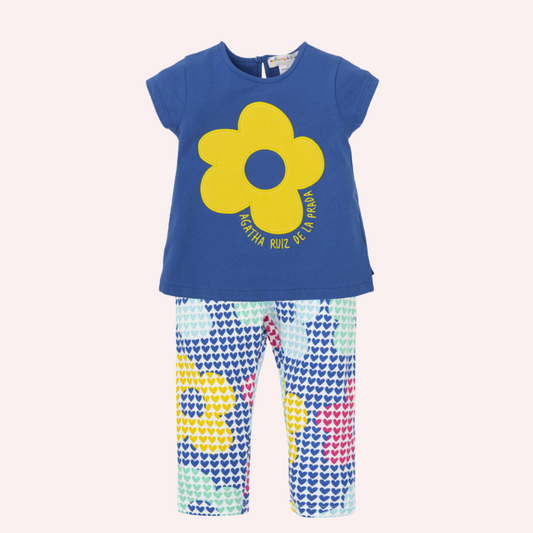 Agatha Ruiz De La Prada Electric Blue Yellow Flower and Hearts Leggings Set