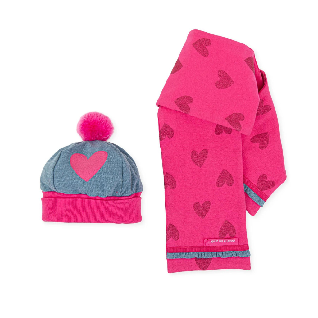 Agatha Ruiz De La Prada Fuchsia Hearts Hat and Scarf Set