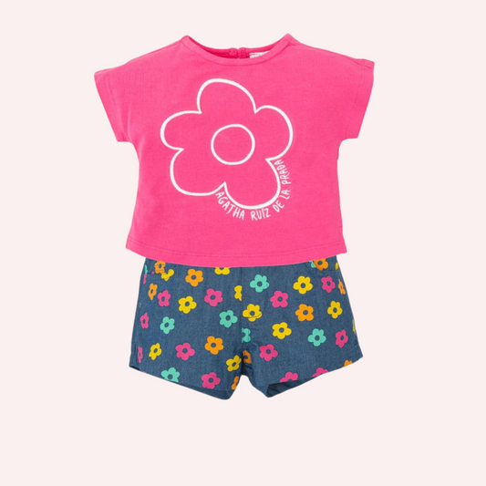 Agatha Ruiz De La Prada Indigo and Fuchsia Flower Shorts Set