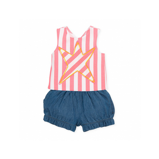 Agatha Ruiz De La Prada Pink Striped Sleeveless T-shirt and Blue Shorts Set