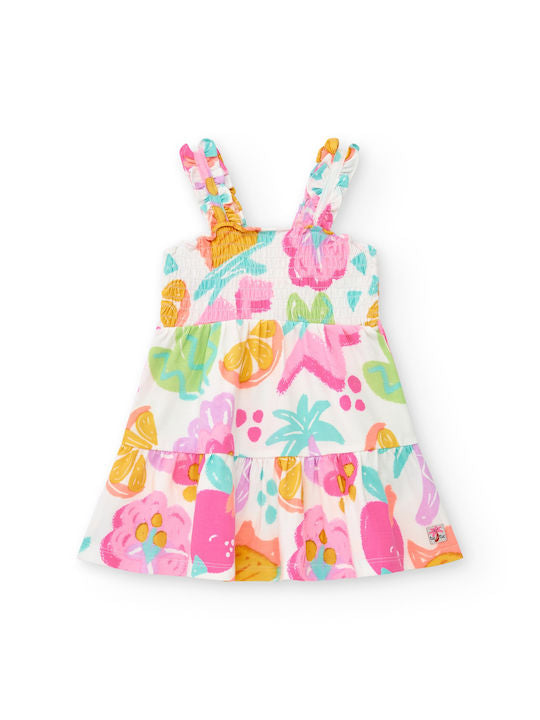 TucTuc Sunrise is a Lemon  Vestido blanco para niña con estampado floral y tirantes fruncidos. Colección: Sunrise Is A Lemon