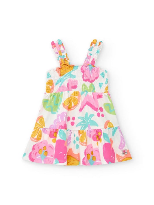 TucTuc Sunrise is a Lemon  Vestido blanco para niña con estampado floral y tirantes fruncidos. Colección: Sunrise Is A Lemon