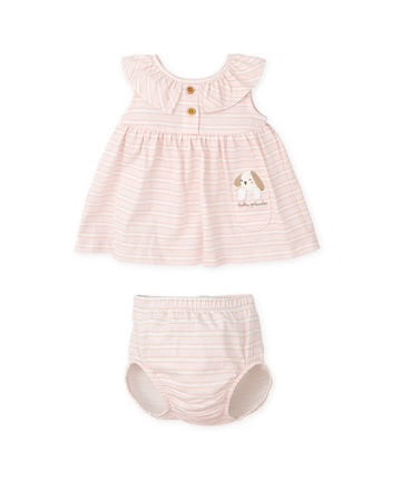 TUTTO PICCOLO VESTIDO CON BRAGUITA PUNTO RAYAS Y MASCOTA ROSA BEBÉ