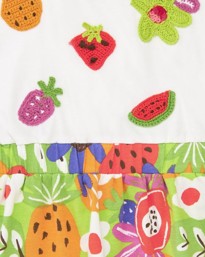 Tuc Tuc Vestido para niña con top blanco bordado y falda de frutas tropicales