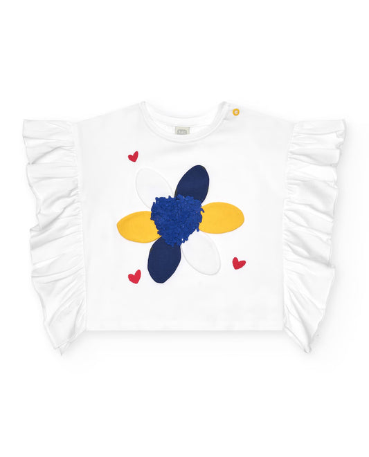 Tuc Tuc Conjunto Camiseta de punto para niña en blanco con volantes y flor bordada Pantalón en Denim azul con estampado florales