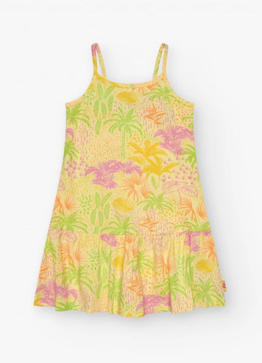 TucTuc NK Beach Stories Vestido para niña en amarillo con tirantes y estampado tropical