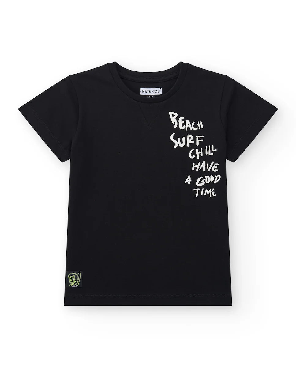 TucTuc Endless Summer Conjunto Camiseta para niño estampado en blanco con mensajes de playa y diversión Bermudas en amarillo con cintura ajustable y bolsillos