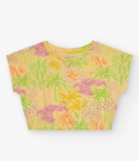TucTuc NK Beach Stories Conjunto Niña Camiseta en amarillo con estampado tropical Falda-pantalón en crudo con bolsillos decorativos